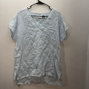 Sigrid Olsen Blouse M Blue 100% Linen V Neck Tunic Top High Low Minimalist